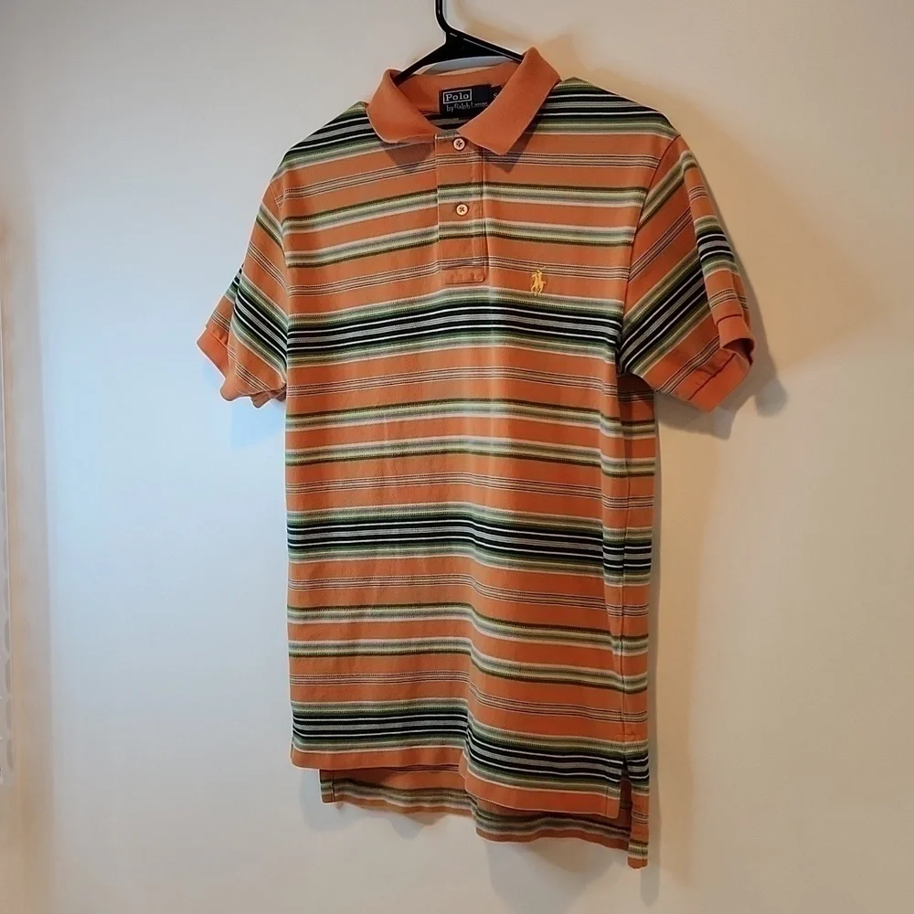 Ralph Lauren Polo Shirt 100% Cotton Men's Sz Small Orange/Blue Striped EUC NICE!